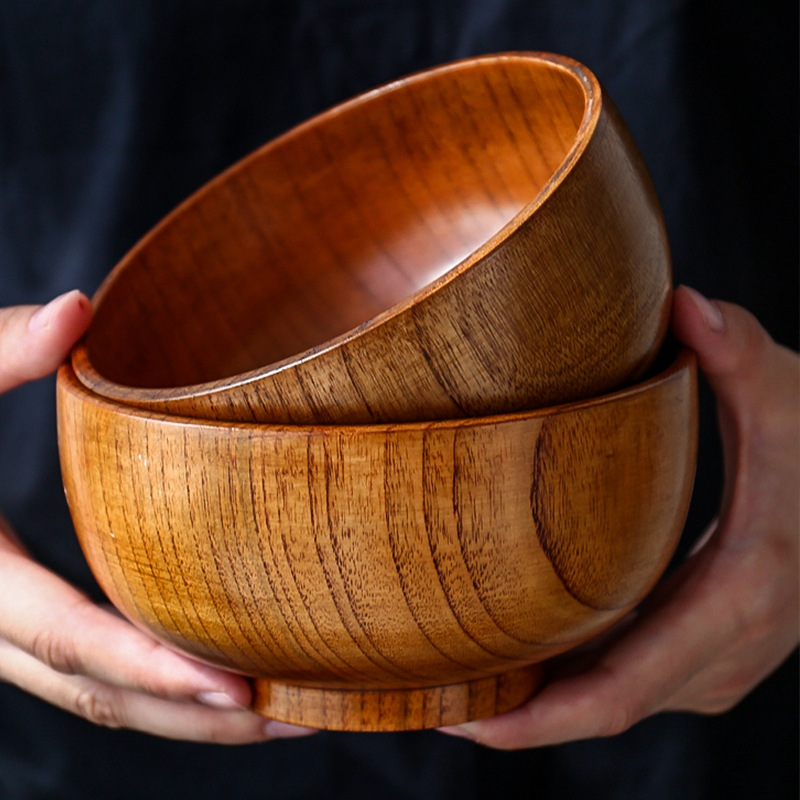 Natural Jujube Wood Anti-Scalding Large Instant Noodle Bowl, Japanese-Style Household Children's Rice Bowl, Thickened Round Wooden Soup Bowl with Engraving
