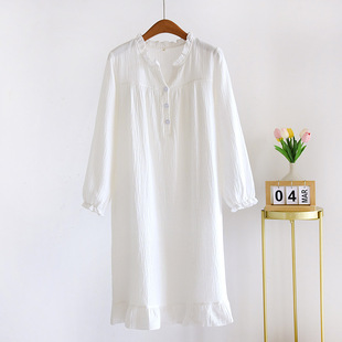 White Nightgown Crepe Cotton Dress Spring and Autumn Long-sleeved Women's Loose Mid-length Dress Cotton Princess Dress Home Clothes