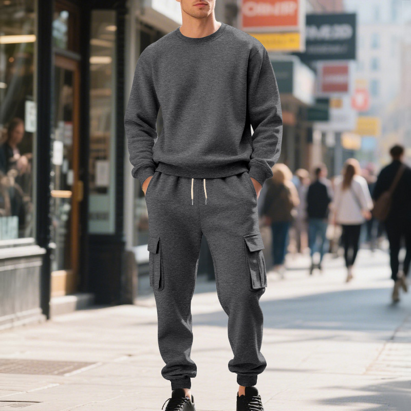 Europe, America, Autumn And Winter Heavy Velvet Men's Loose Casual Sports Tooling Round Neck Solid Color Sweater Trousers Set_viptrois.com