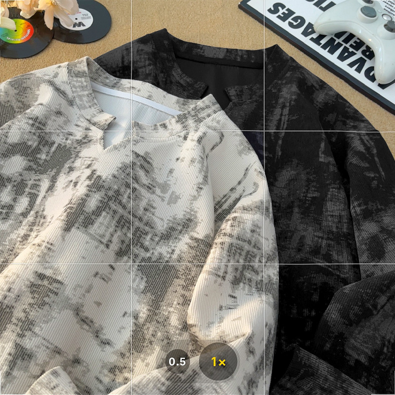 Corduroy Tie-dye V-neck Long-sleeve Men's T-shirt, Autumn Niche Design, Base Layer Shirt, American Retro Top_voghion.com