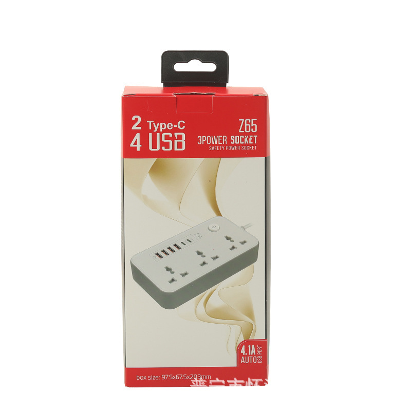 4USB + 2Type-c Z65#3A Carga inteligente de tres agujeros con puerta de seguridad en blanco y negro paquete de caja de color opcional