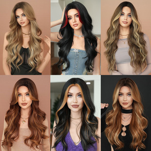 | multi-color optional | cross-border fashion ladies medium points highlights long curly hair wig set large wave mechanism wig wholesale