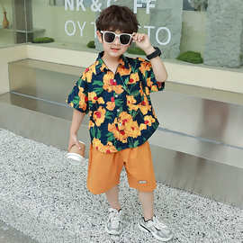 男童夏季套装港风旅游吸湿排汗不褪色印花衬衫两件套夏款纯棉套装