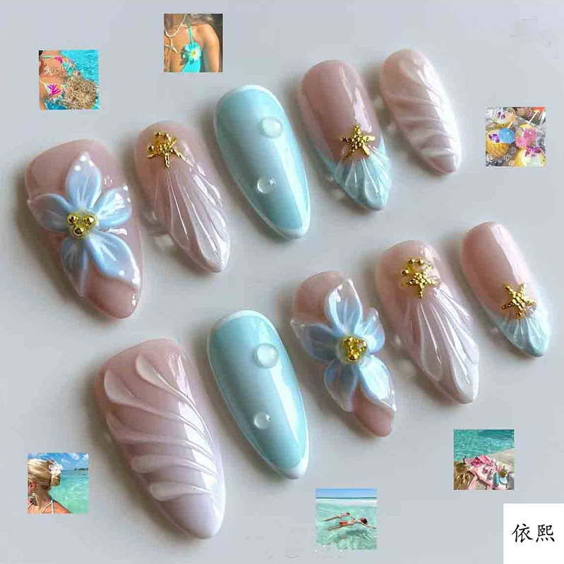 Cross-border summer new mint Hawaiian 3D carved wearable nails, fresh and gentle fake nails wholesale Cross-border summer new mint Hawaiian 3D carved wearable nails, fresh and gentle fake nails wholesale