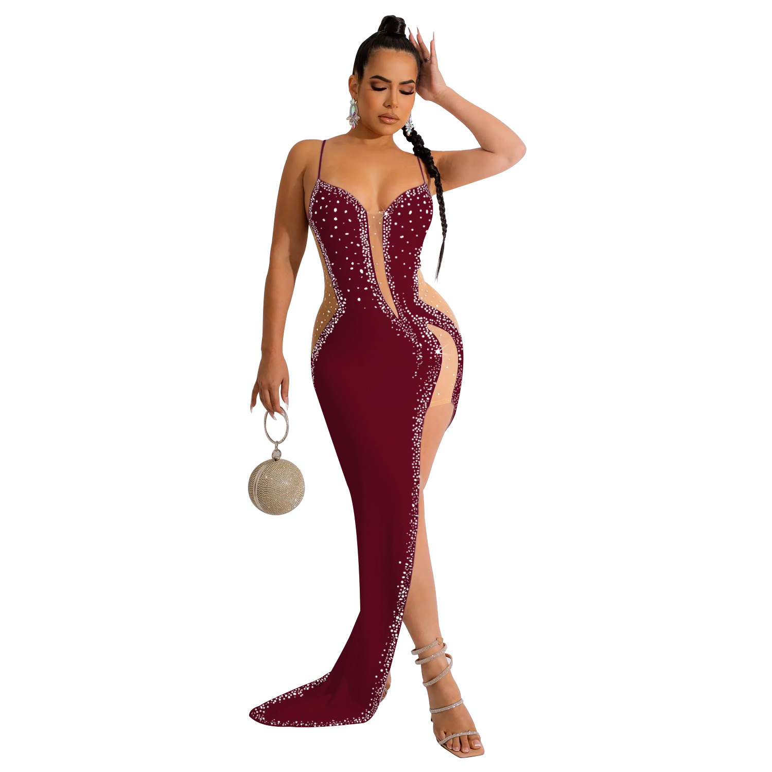 C6039 AliExpress Amazon moda europea y americana de las mujeres de color sólido rhinestone vestido con cuello en V sin mangas correa de hombro vestido de las mujeres image 7