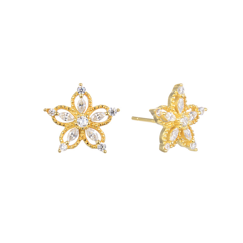 925 pendientes de flor de plata esterlina pendientes de temperamento simple nicho de alto grado hueco de cinco pétalos de flor pendientes de diamantes para mujeres