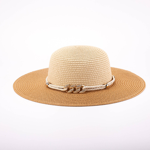 French Retro Gemstone Chain Flat Top Straw Hat Elegant Straw Weave Sunshade Sun Protection Wide Brim Hat Elegant Formal Hat for Women Spring Autumn