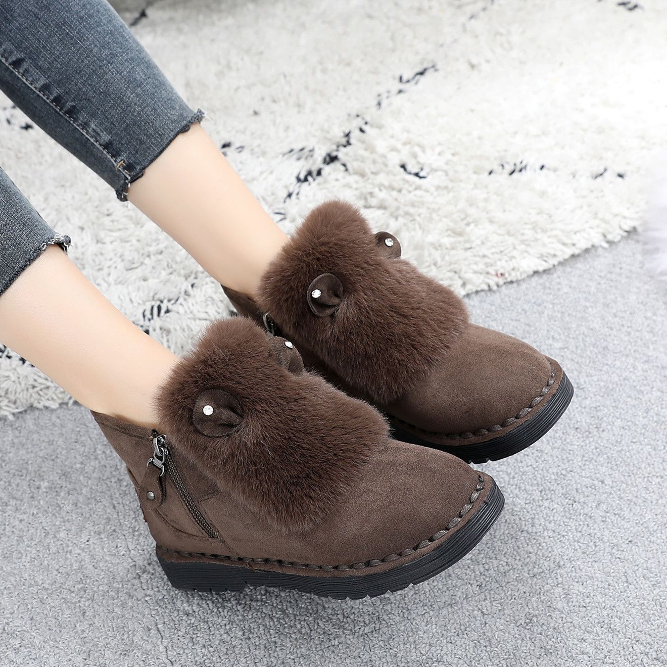 冬季女平底兔耳朵棉靴加绒妈妈保暖棉鞋加厚马丁靴侧拉链雪地靴女