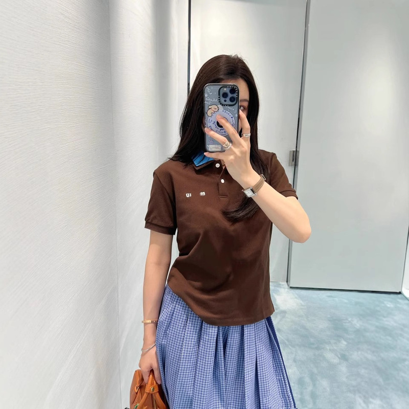 深セン南油 miu スタイル 25 夏新作二重襟ポロシャツ半袖 Tシャツ文字刺繍ロゴトップ|undefined