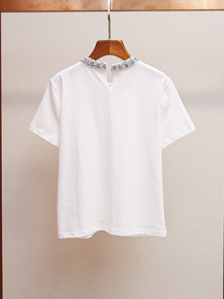 Shenzhen Nanyou High-End Women's Fashion Autumn New French-Style Heavy-Duty Rhinestone-Embellished Versatile Pure Cotton Regular Shoulder Short-Sleeve T-Shirt Top