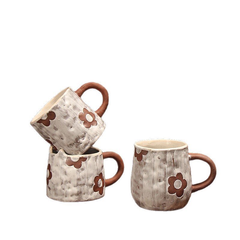 手描きのかわいい花 和風癒しコーヒーカップ 粗陶器カップ 和風陶器マグカップメーカー|undefined