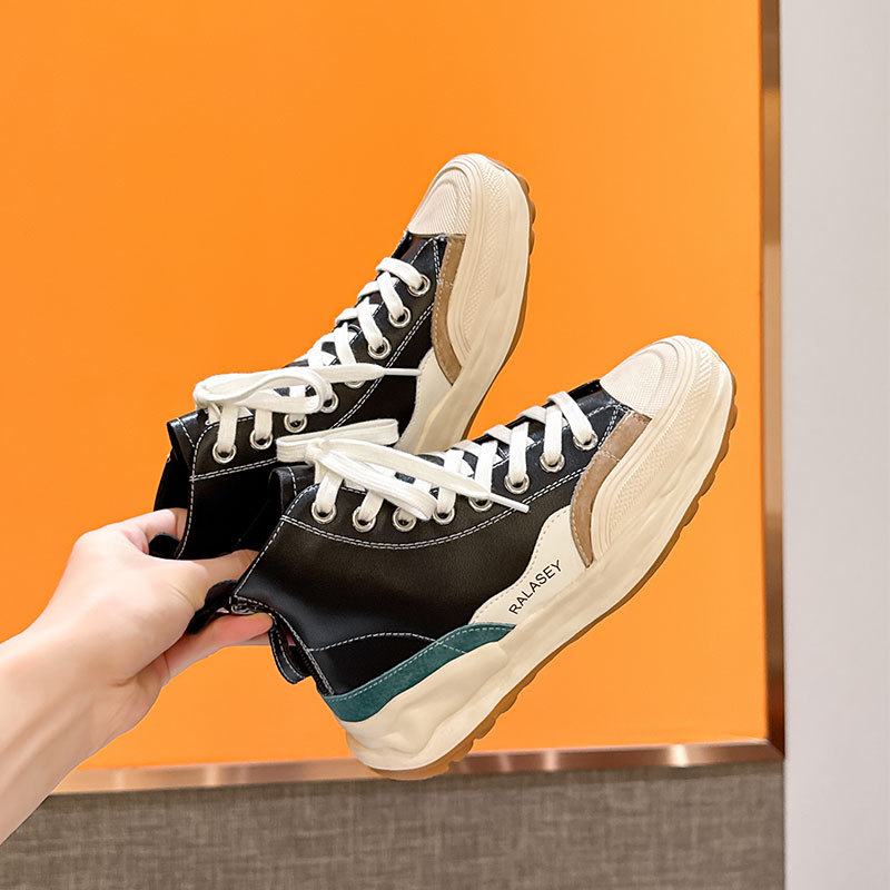 2025秋季新款韩版系带高帮鞋女贝壳头时尚百搭增高后拉链运动短靴