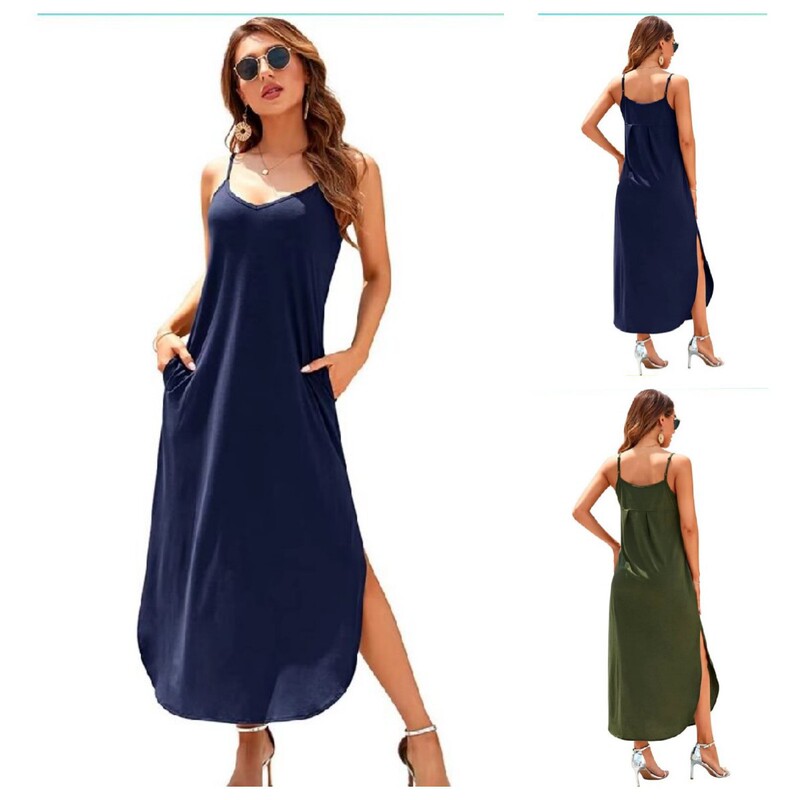 European and American Style Casual Sleeveless V-Neck Slit Loose Dress, Beach Long Adjustable Strap Dress, Fashionable