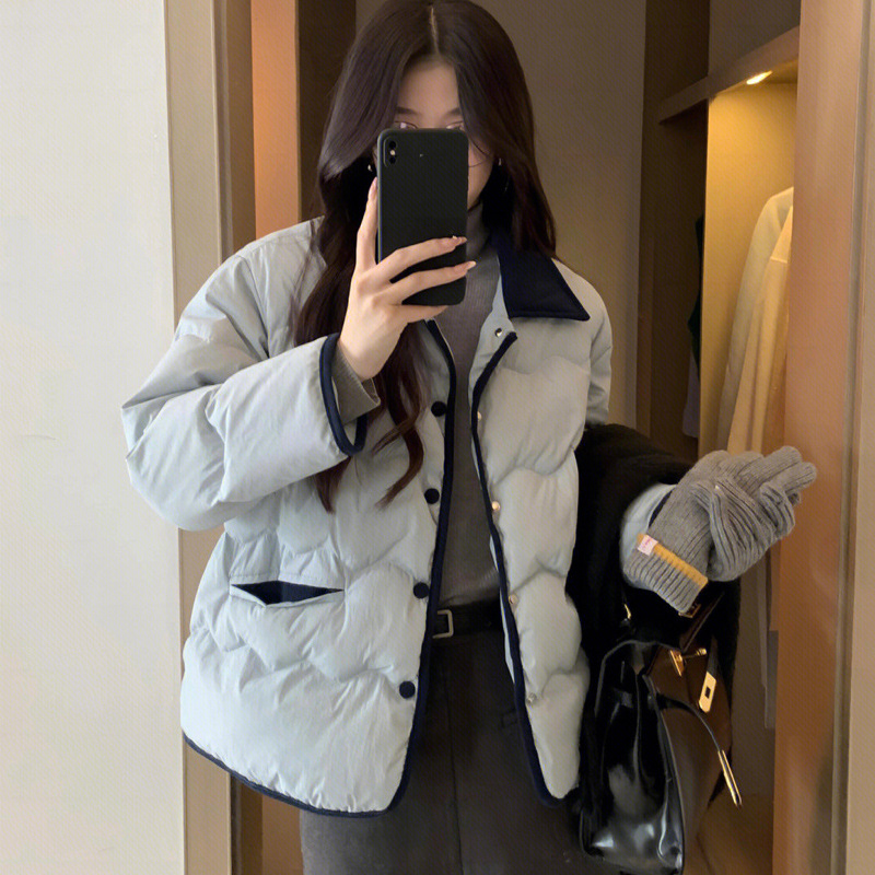 韩国ins灯芯绒翻领东大门轻薄羽绒棉服女短款小香风棉服休闲外套