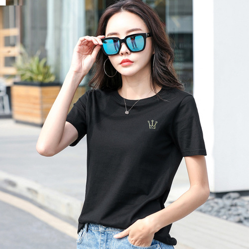 308 新款圆领短袖夏装女t恤刺绣皇冠气质通勤夏上衣内搭打底衫薄