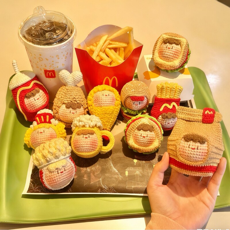 Finished Handmade Wool Crochet Crochet Cute Burger Fries Dumpling Bag Key Pendant Pendant Gift