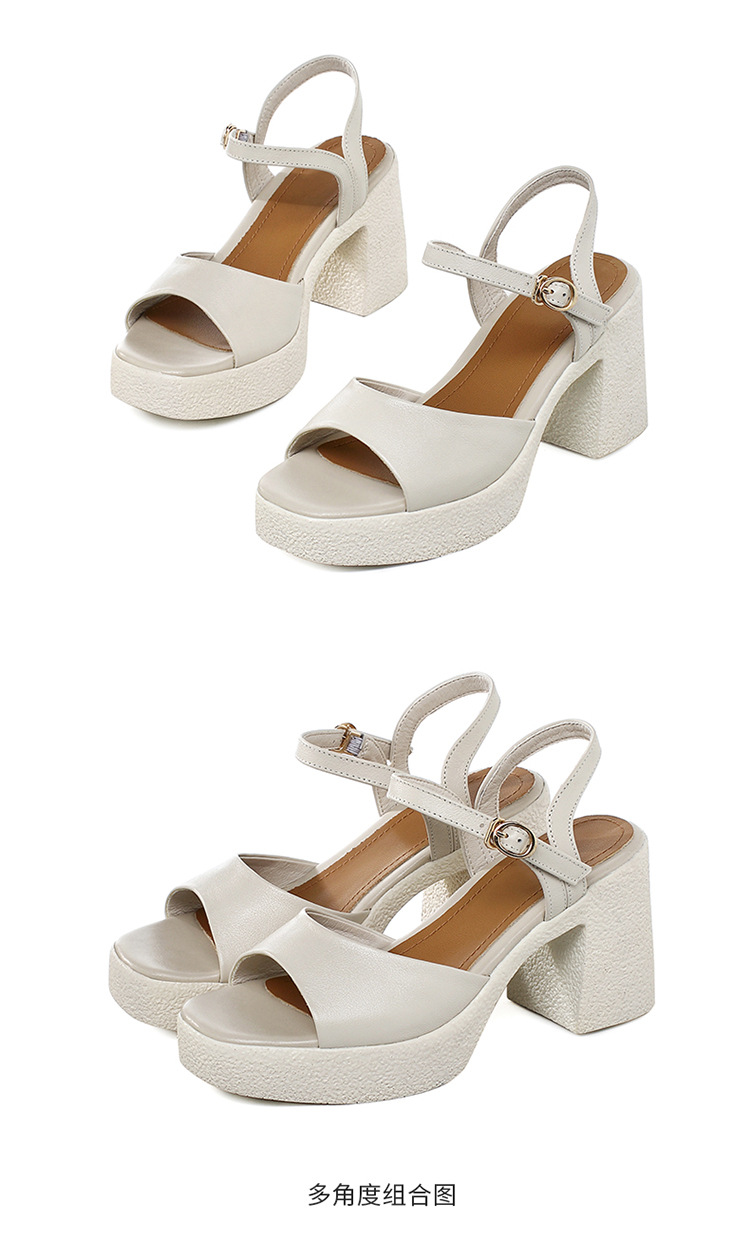 Sandal cao gót nữ quai ngang da thật đế dày chống thấm — Màu đen chi tiết 36