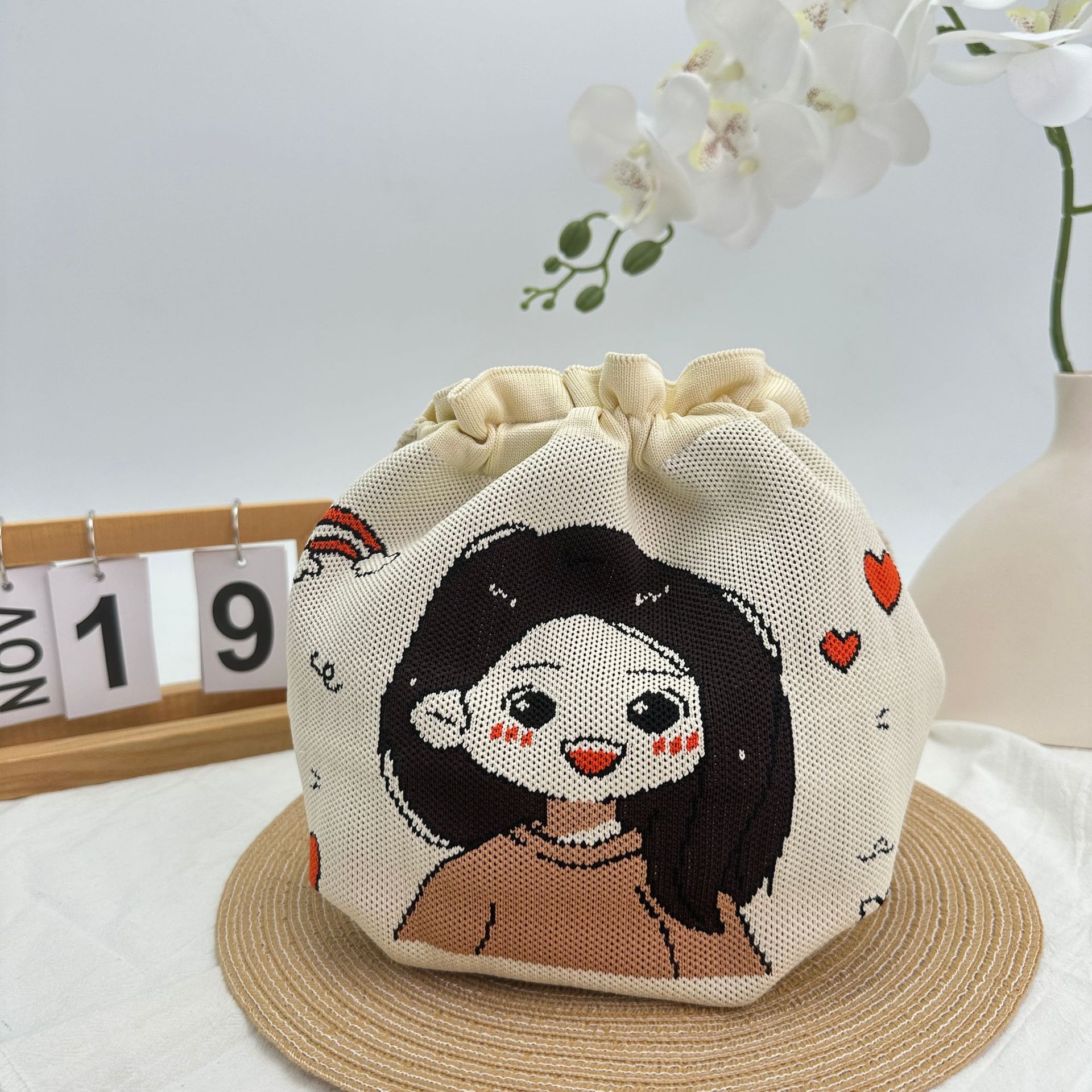 Cartoon Graphic Knit Soft Bucket Drawstring Drawstring Bag 19