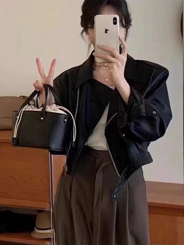 春秋时尚显瘦皮衣短款皮衣外套女气质翻领小个子PU皮显瘦百搭夹克|undefined