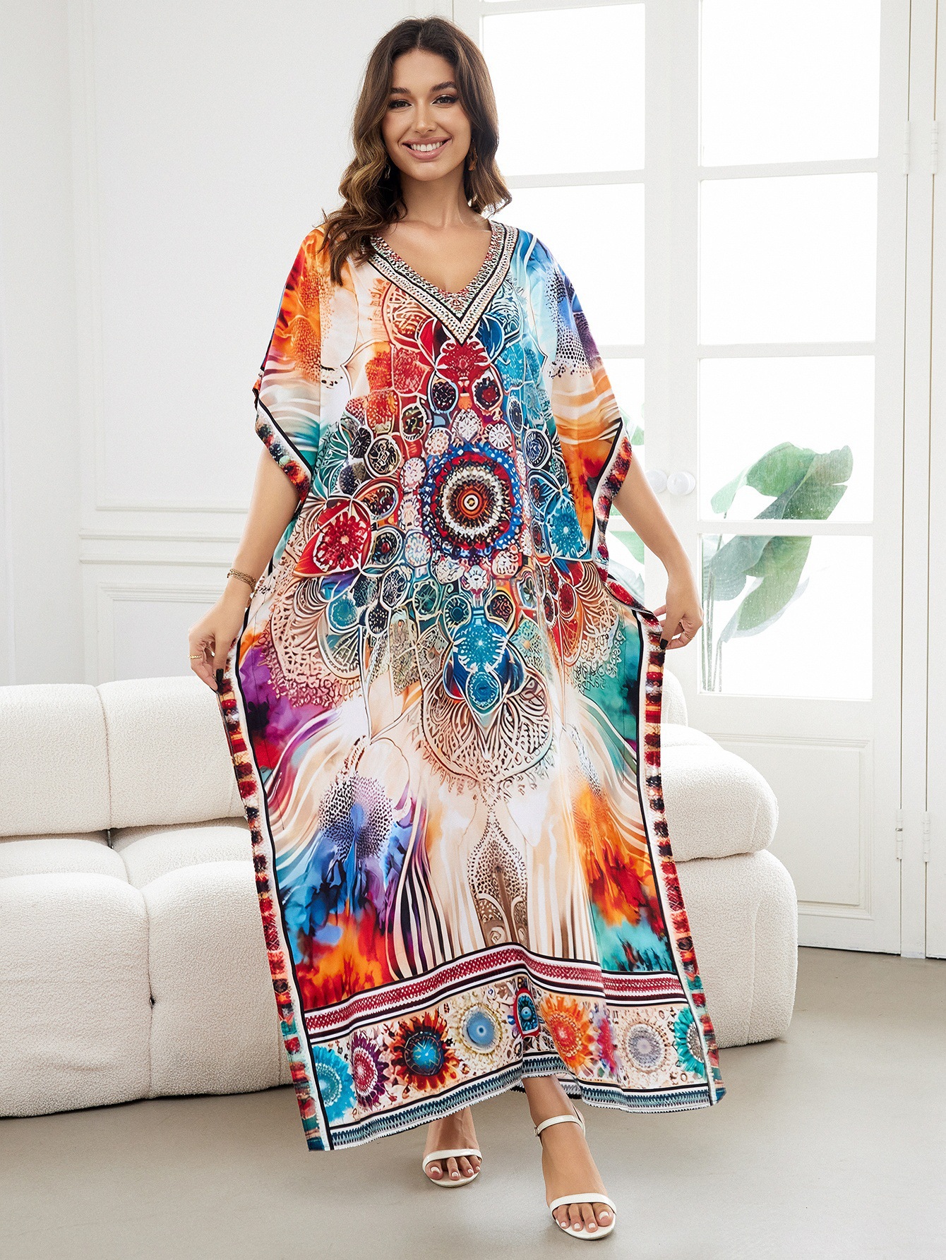 Rochie de plajă lungă kimono dama boho viscoză tie-dye_voghion.com