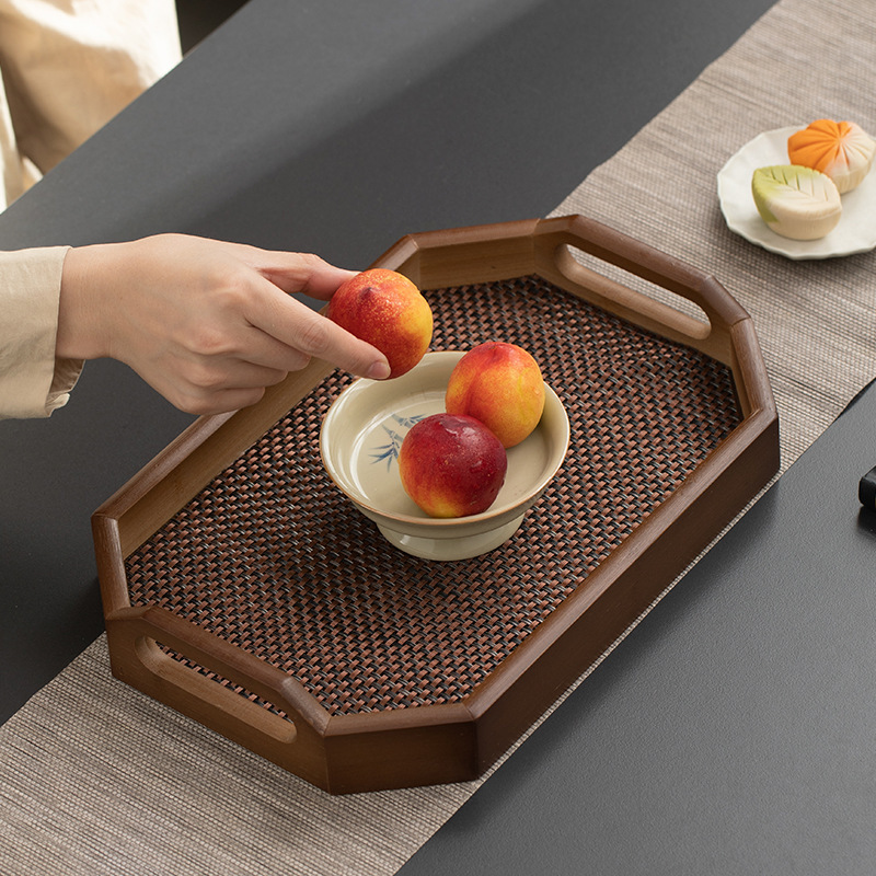 ティーセット、ティーカップ、フルーツ、高級スナックプレート、竹製プレースマット、八角形ハンドル付き家庭用ティートレイ|undefined