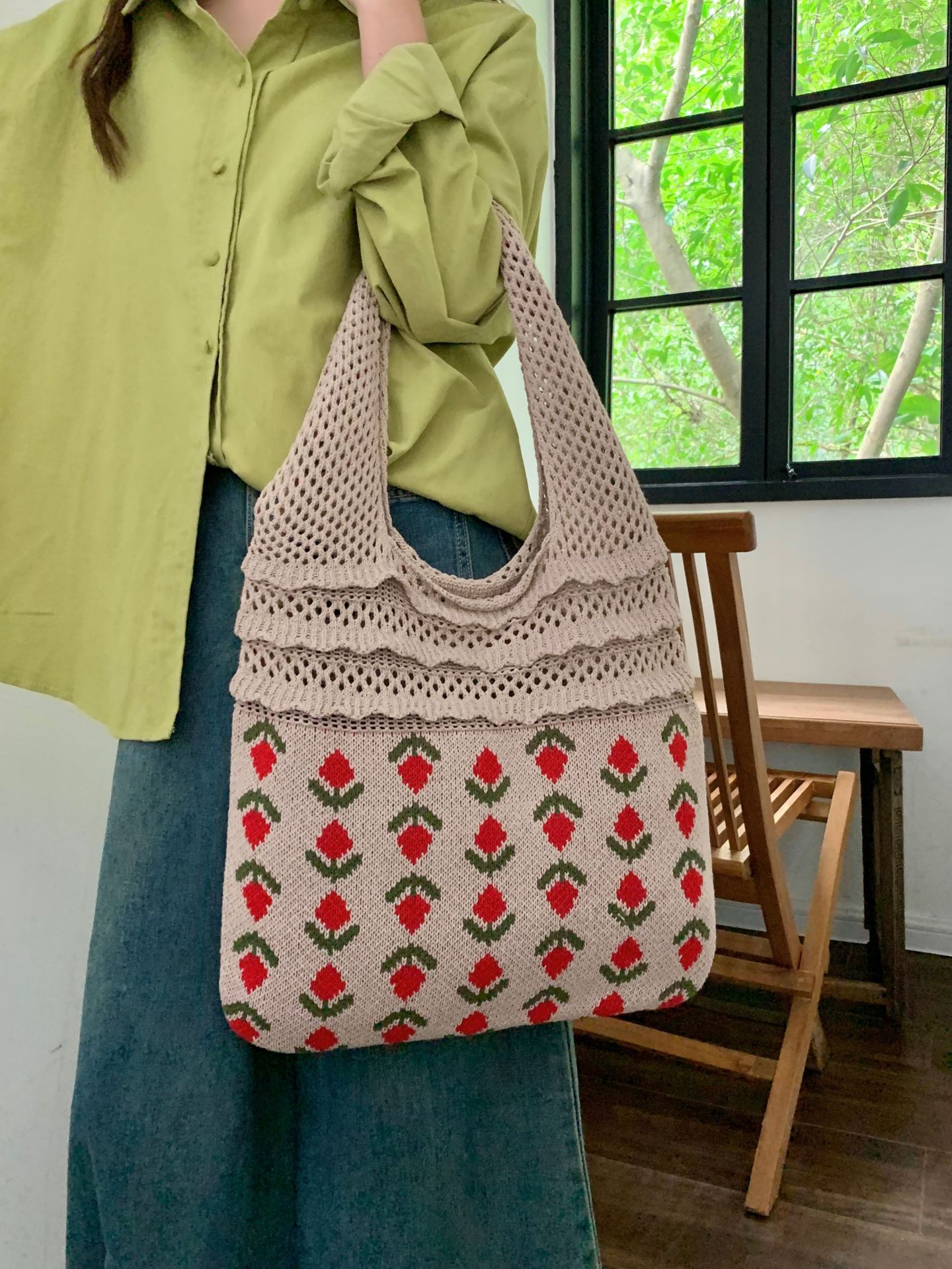 Frau Mittel Stricken Blume Vintage-Stil Weben Offen Schultertasche display picture 13