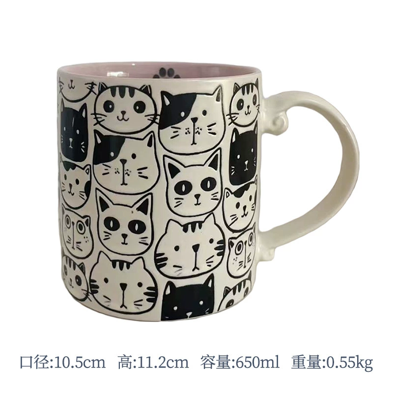 Ceramic mug hand-painted underglaze cat design, cute breakfast cup, microwave-safe