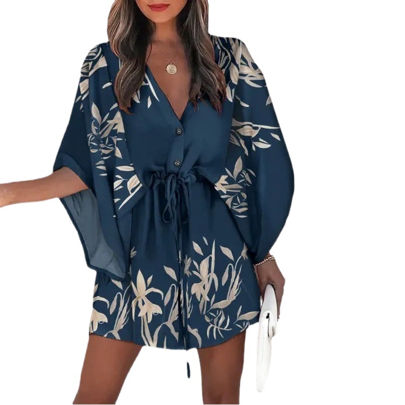 Transfronterizo europeo y americano de verano manga de vuelo Amazon deseo popular con cuello en V con cordones de ocio vestido de vacaciones ropa de mujer