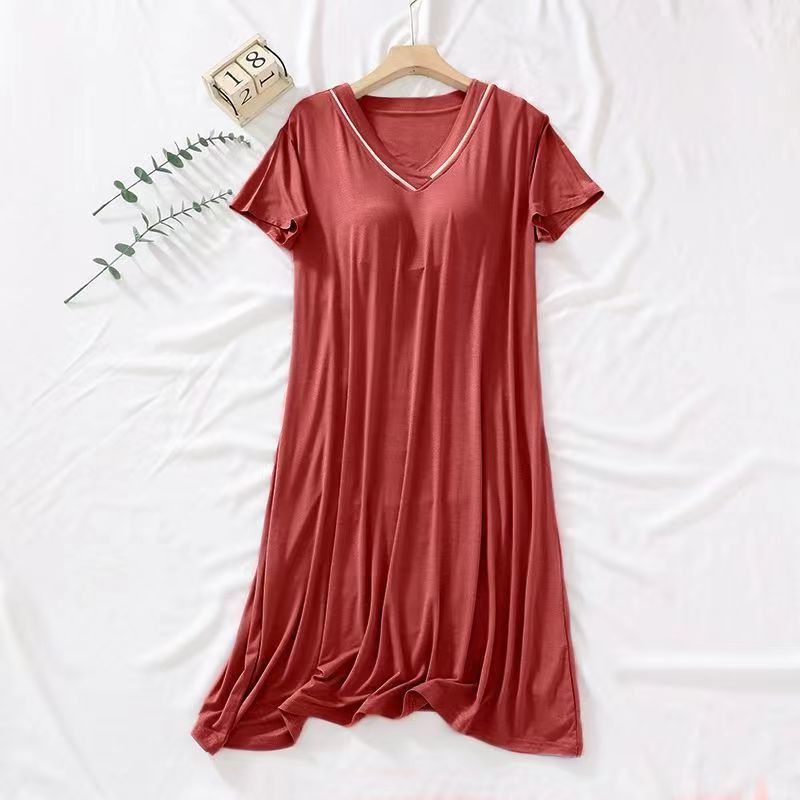 2025 verano vestido de dormir de mangas cortas mujer cojín de pecho de cuello en V delgado color sólido simple y suelto se puede usar ropa de hogar de tamaño grande