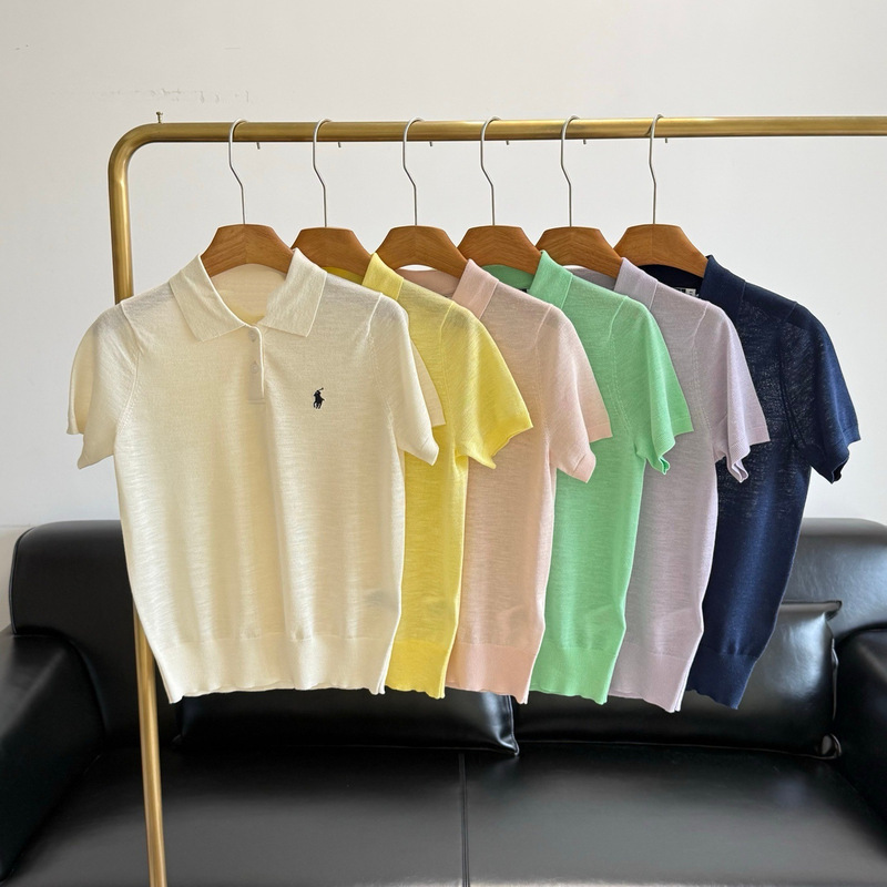 Rl Same Style Polo Short-Sleeve Knit Shirt, Cashmere and Silk Blend, Thin Version with Small Horse Logo Embroidery Rl Same Style Polo Short-Sleeve Knit Shirt, Cashmere and Silk Blend, Thin Version with Small Horse Logo Embroidery