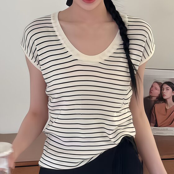 Summer U-Neck High-End Slim and Comfortable Short-Sleeved Women's Skin-Friendly Soft Non-Hot Right Shoulder Versatile Knitted T-Shirt for Women