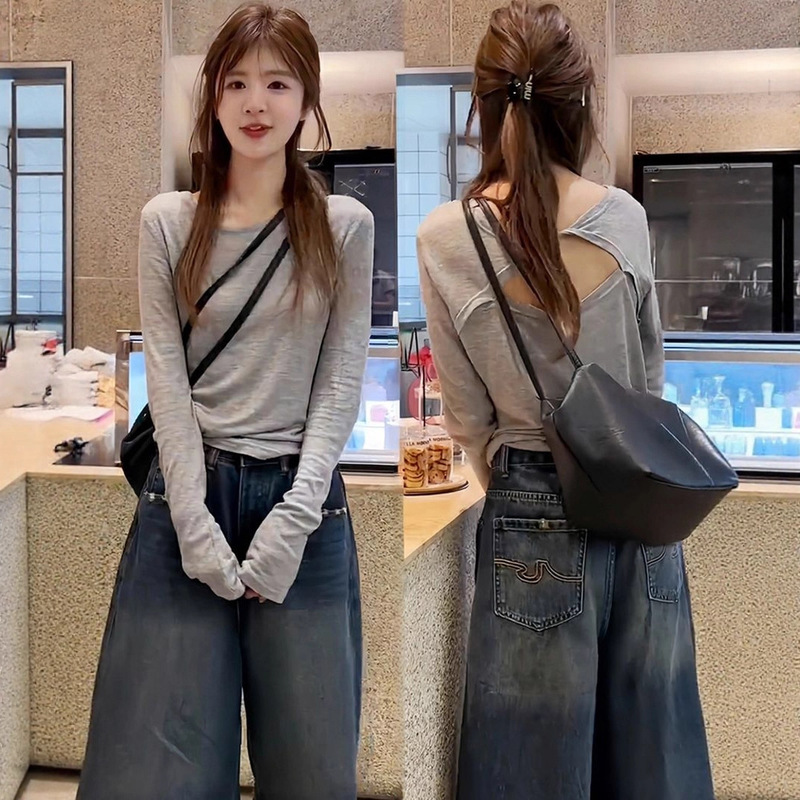 Gray Long-Sleeved T-Shirt for Women in Autum 2025 Korean Style Chic Shirt with Great Design and Backless Top