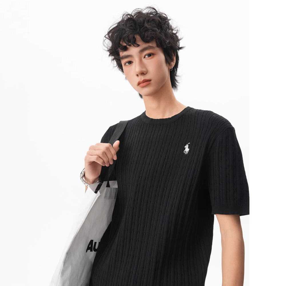 Camiseta de punto de manga corta camiseta masculina marcas de caballo bordadas viejas flores de negocios de hielo seda fábrica de verano transfronteriza al por mayor