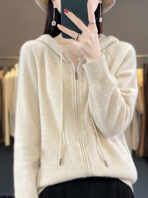 %Pure Velvet Sweater Women's Double Hooded Zipper Cardigan Women's Long-Sleeved Sweater Loose Sweater Knitted Jacket Korean