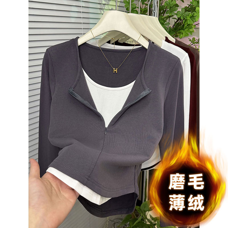 假两件设计感长袖t恤女上衣2025秋冬新款磨毛收腰显瘦内搭打底衫|undefined