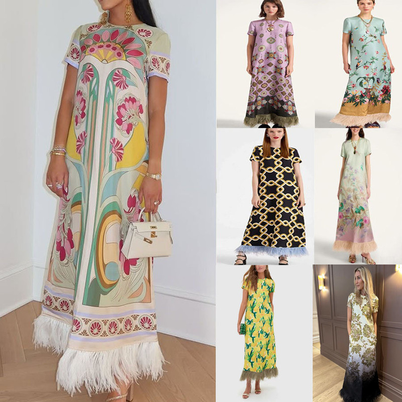 Spring and Summer Short-Sleeve Ins2026 Feather Dress Satin Cross-Border Positioning Print Loose Fit European and American Style Women's Dress