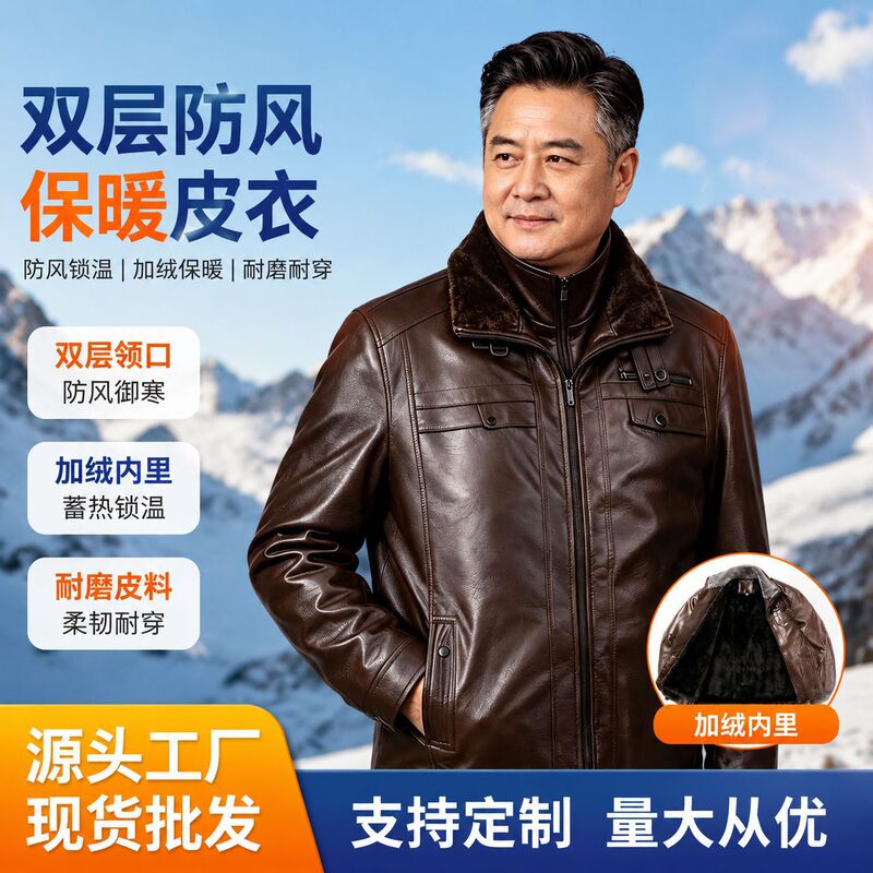New winter loose-fit plus-size PU leather jacket with fleece lining, thickened, with a turn-down collar, warm jacket for middle-aged and elderly men New winter loose-fit plus-size PU leather jacket with fleece lining, thickened, with a turn-down collar, warm jacket for middle-aged and elderly men