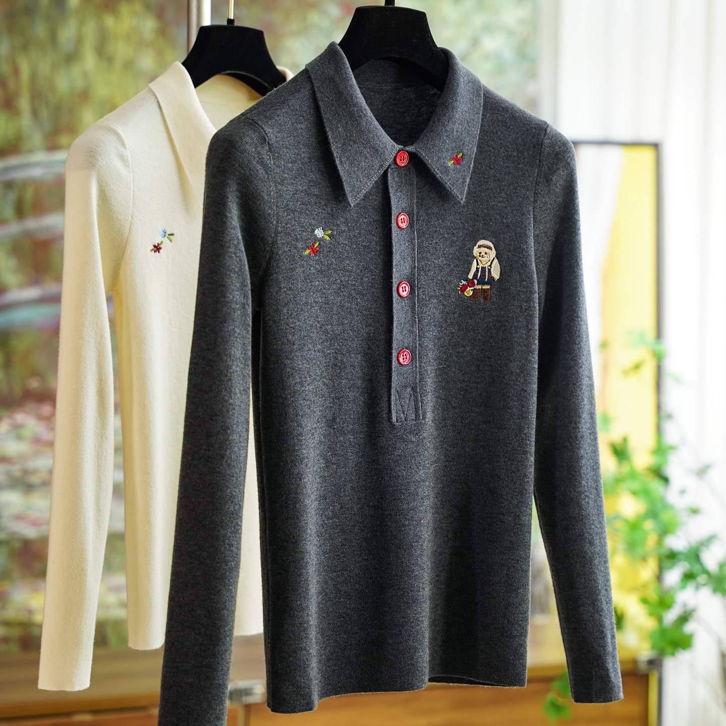 Embroidered Polo Collar Wool Silk Delicate Knitwear Top for Women 0905