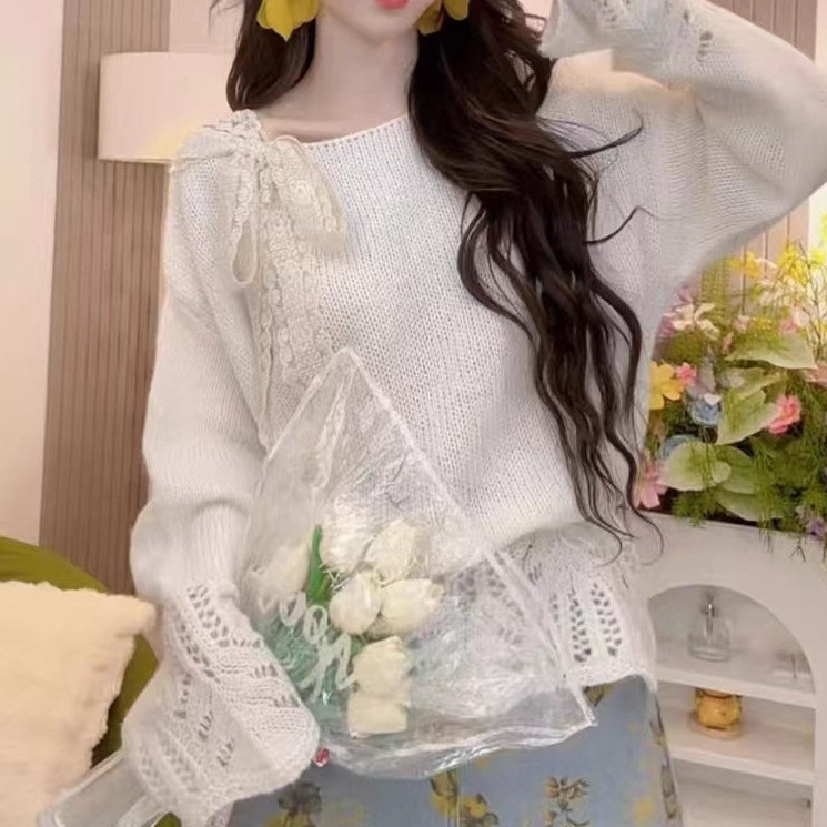 氛围感甜美慵懒风针织2025秋季新款蝴蝶结拼接蕾丝绑带温气质上衣|undefined