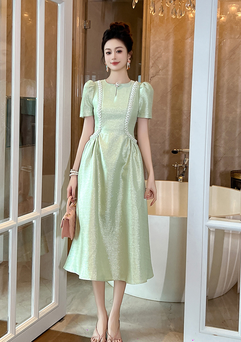 Đầm maxi nữ cổ tròn đính đá thắt eo xòe dáng dài — Xanh bạc hà chi tiết 9