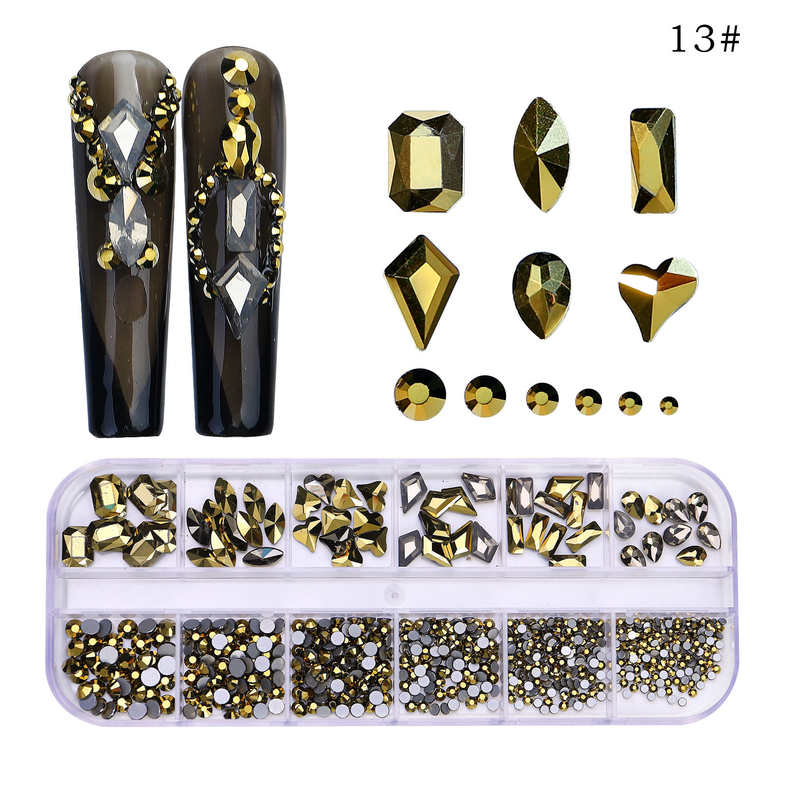 Transfronterizo nuevo taladro de uñas de 12 rejillas de forma especial diamante plano rhinestone AB joyería de uñas decoración de uñas de diamantes ventas directas de la fábrica