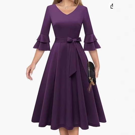 Ladies Cocktail Party Dress elegant fashion V-neck double flare sleeve formal dignified dress