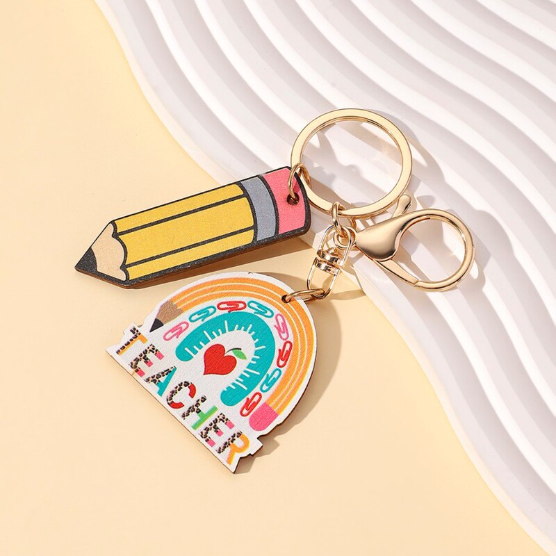 Foreign trade hot-selling keychain teacher rainbow pencil wooden brand graduation season teacher's Day gift for teachers