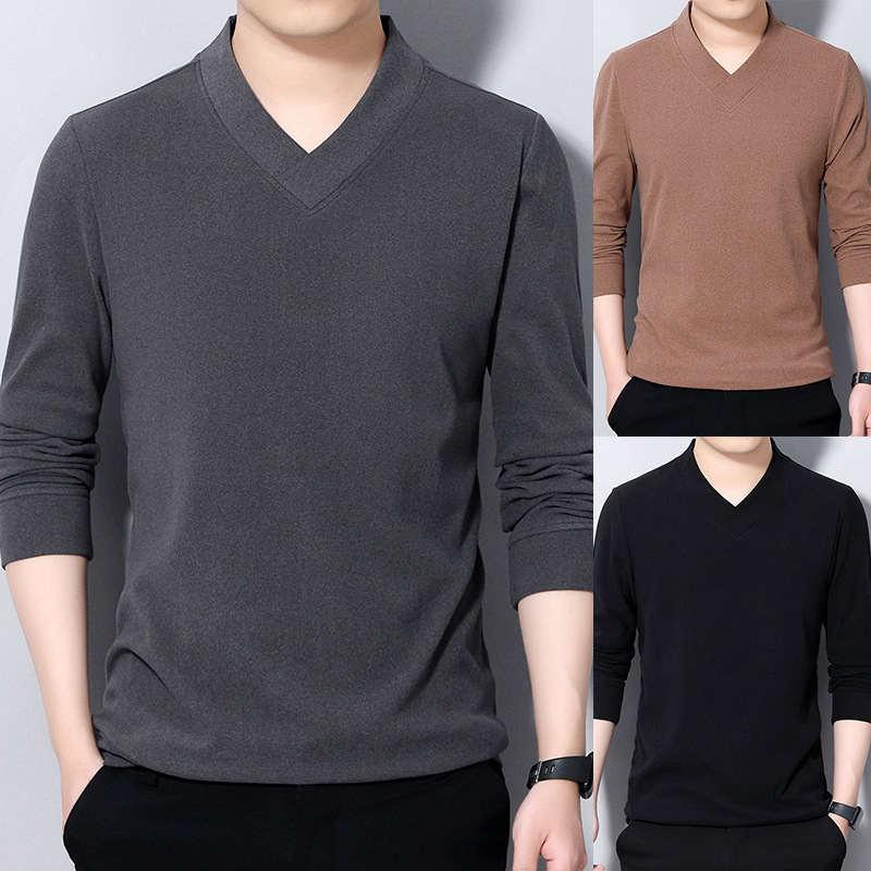 Double-sided fleece V-neck T-shirt for men, long-sleeved, autumn and winter, German fleece base layer, thickened and warm inner layer, foreign trade, cross-border wholesale.