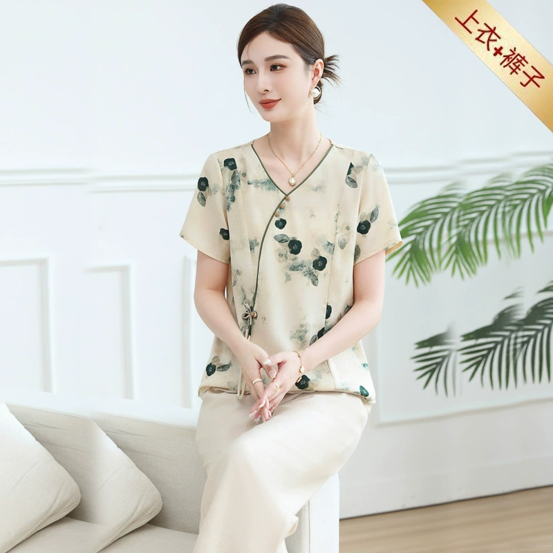 Летнее платье мамы, китайский набор с короткими рукавами, 50 лет, 60-летняя средняя и пожилая свекровь, прохладная и дышащая футболка из двух частей