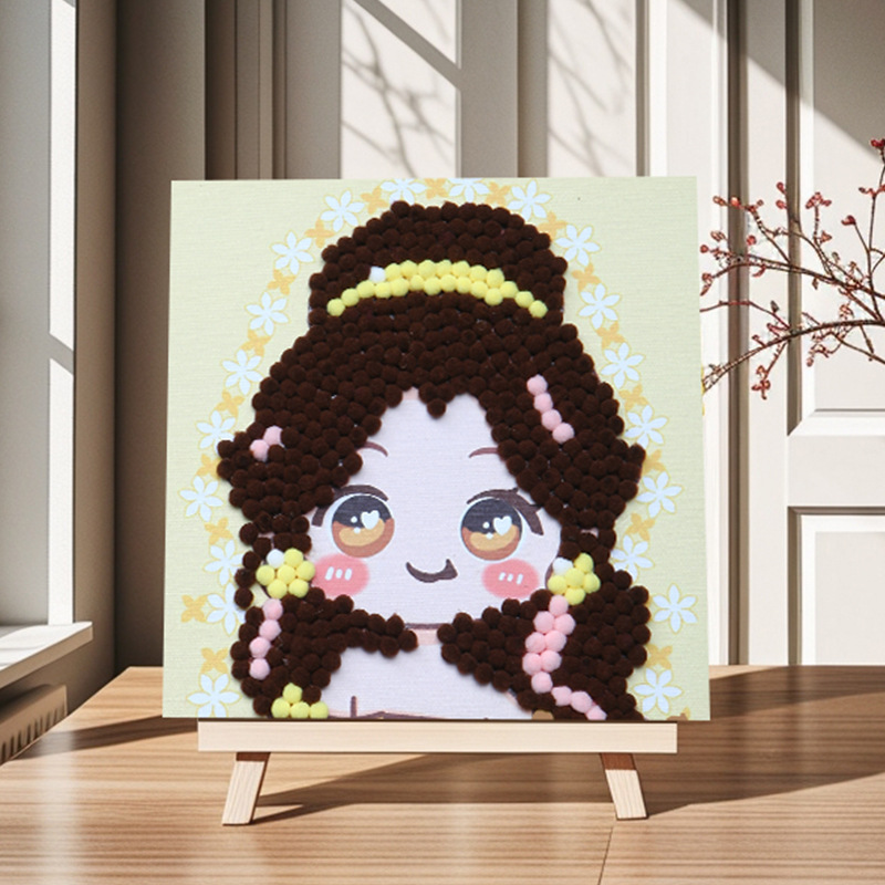 Pintura de bola de pelo Dibujos animados Niños creativos Pegatinas a mano Diy Material hecho a mano Paquete Marco estirado Pintura adhesiva Marco de madera maciza Pintura decorativa