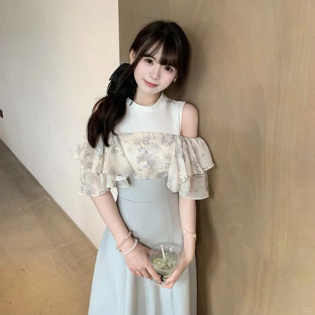 [Huilin] Japanese Style Cross-Border New Classic Flocking Printed Ruffled Waist-Cinching Dress 24A327