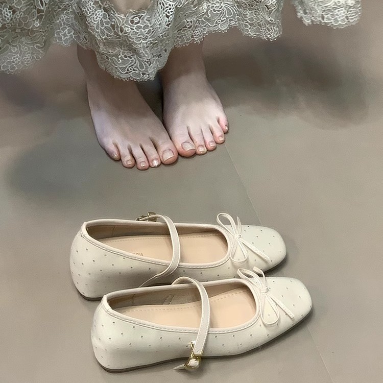 Inner Height-Increasing Fairy Shoes, Gentle Flats for Women, 2025 Autum Shallow Mouth, Baby's Breath, Bow, Sequins, Soft-Soled Bean Shoes