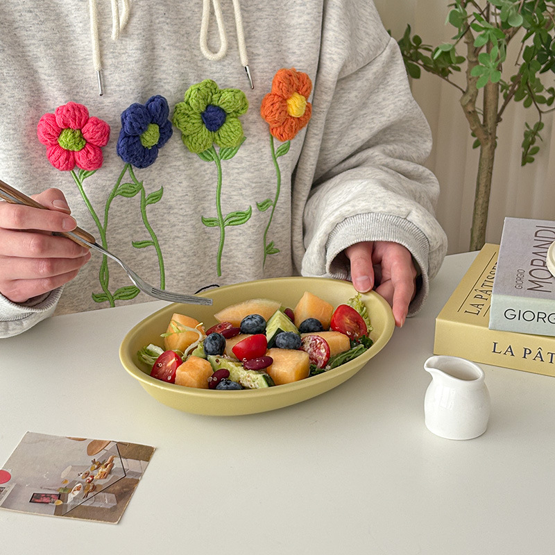 Mooney Ins Retro Soft Ceramic Oval Plate Matte Glaze Bud Green Matte Deep Plate Salad Plate Pasta Plate Curry