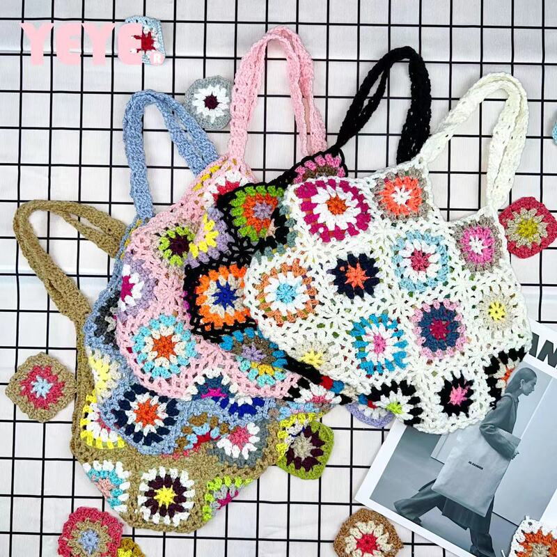 2022 European and American Handmade Hand Hook Grandmother Women's Bag Ethnic Style Mixed Color Flower Block Pattern Heavy Industry Shoulder Bag